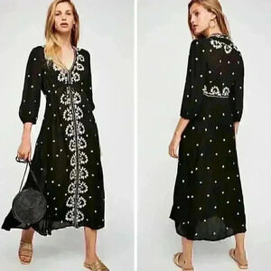 Free People Lily of the valley embroidered black maxi dress bohemian XS